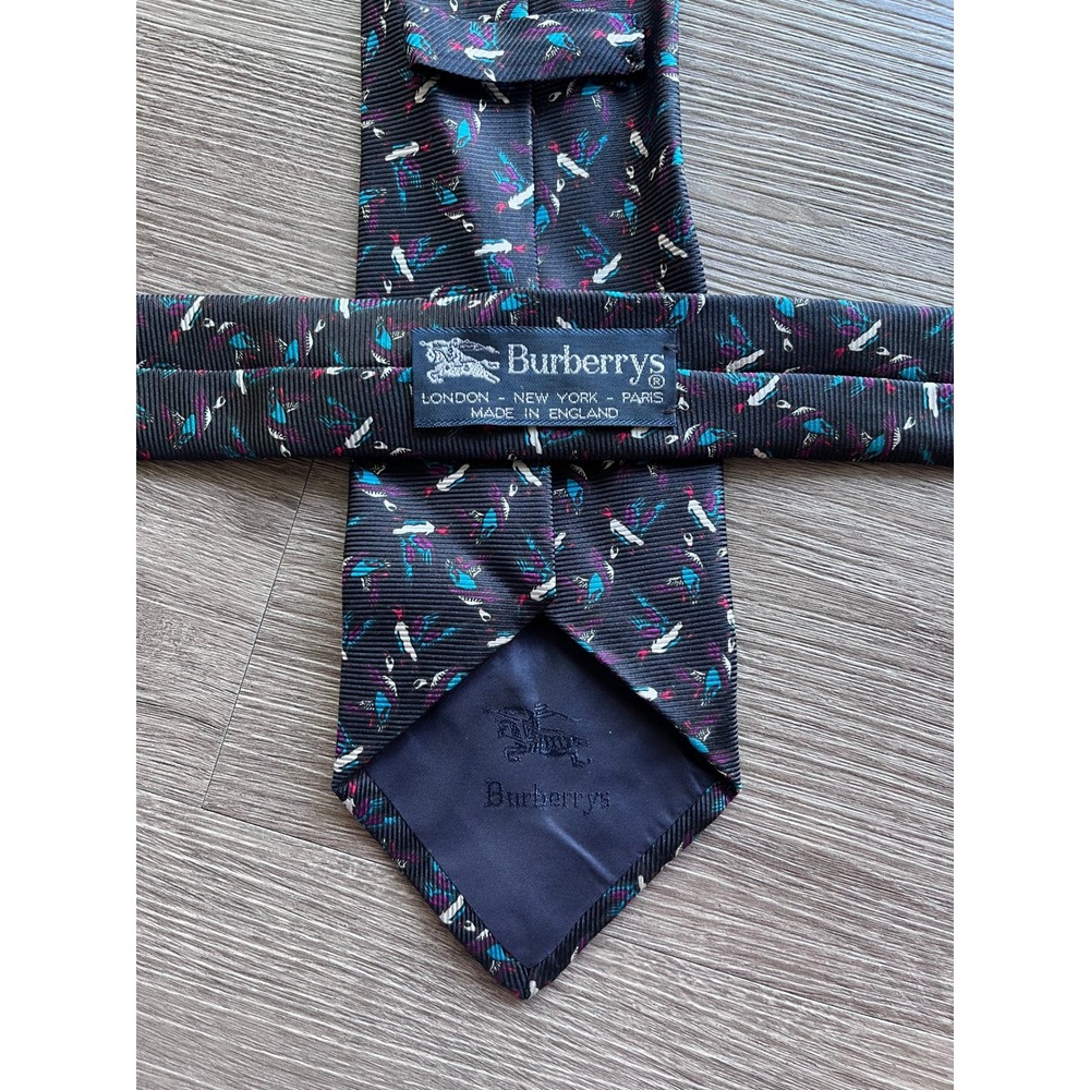 Vintage Burberrys London Silk Tie Navy Blue Mallard Duck Print Made in England - Picture 3 of 6